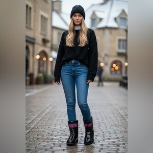 (Juicy Couture) Shiny Black Boots with Pink Logo